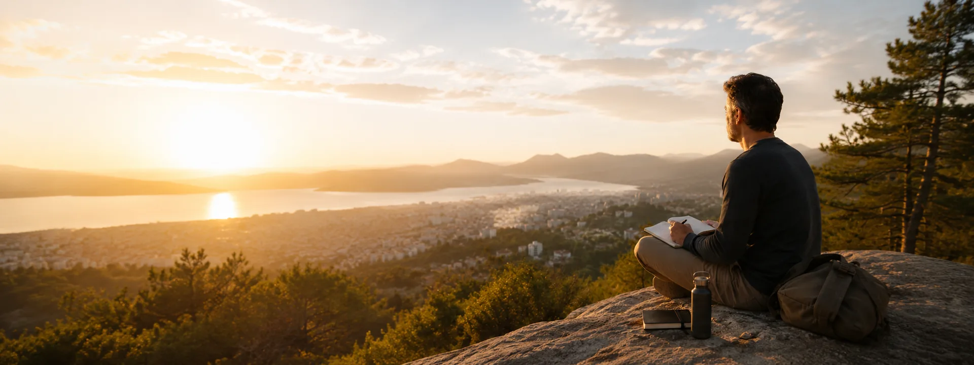 Persona sentada en un mirador escribiendo, con la ciudad y el mar al fondo al atardecer
