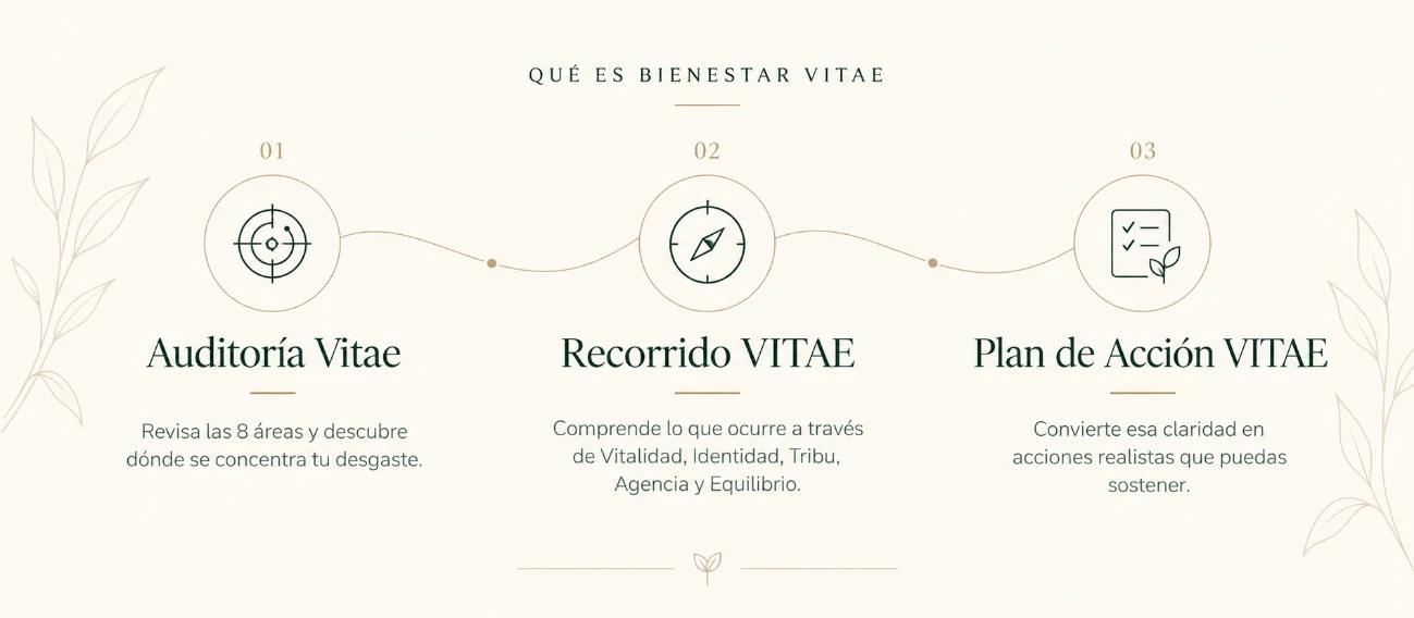 Qué es Bienestar Vitae: Auditoría Vitae (revisa las 8 áreas), Recorrido VITAE (Vitalidad, Identidad, Tribu, Agencia y Equilibrio) y Plan de Acción VITAE